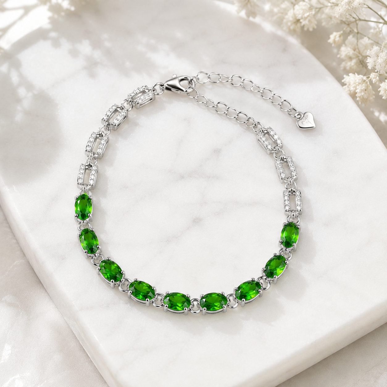Natural Diopside Tennis Bracelet in 925 Sterling Silver, 4×6mm Oval Gemstones