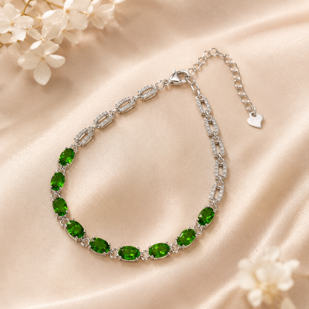 Natural Diopside Tennis Bracelet in 925 Sterling Silver, 4×6mm Oval Gemstones