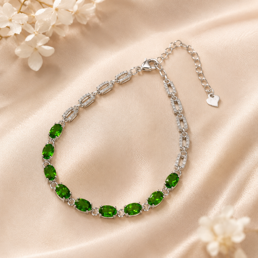 Natural Diopside Tennis Bracelet in 925 Sterling Silver, 4×6mm Oval Gemstones