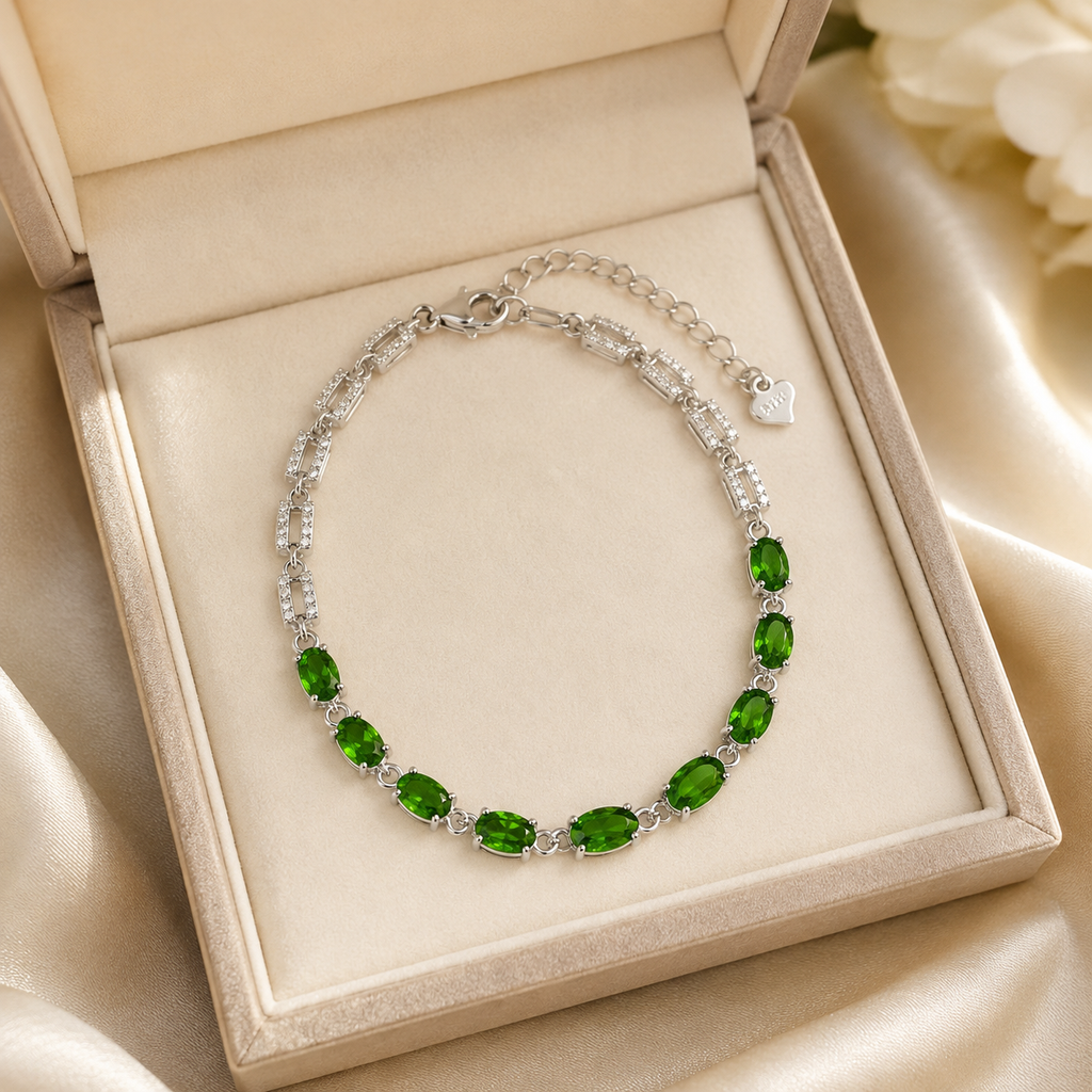 Natural Diopside Tennis Bracelet in 925 Sterling Silver, 4×6mm Oval Gemstones