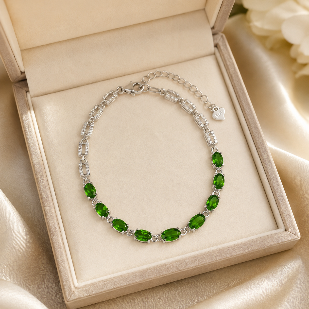 Natural Diopside Tennis Bracelet in 925 Sterling Silver, 4×6mm Oval Gemstones