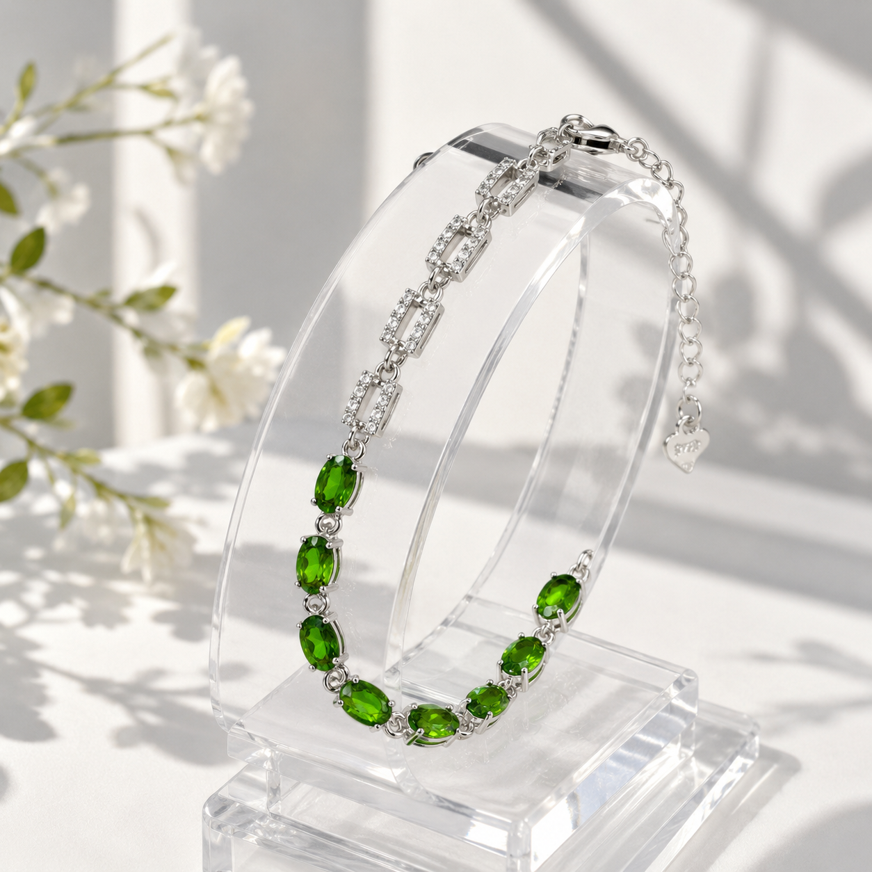 Natural Diopside Tennis Bracelet in 925 Sterling Silver, 4×6mm Oval Gemstones