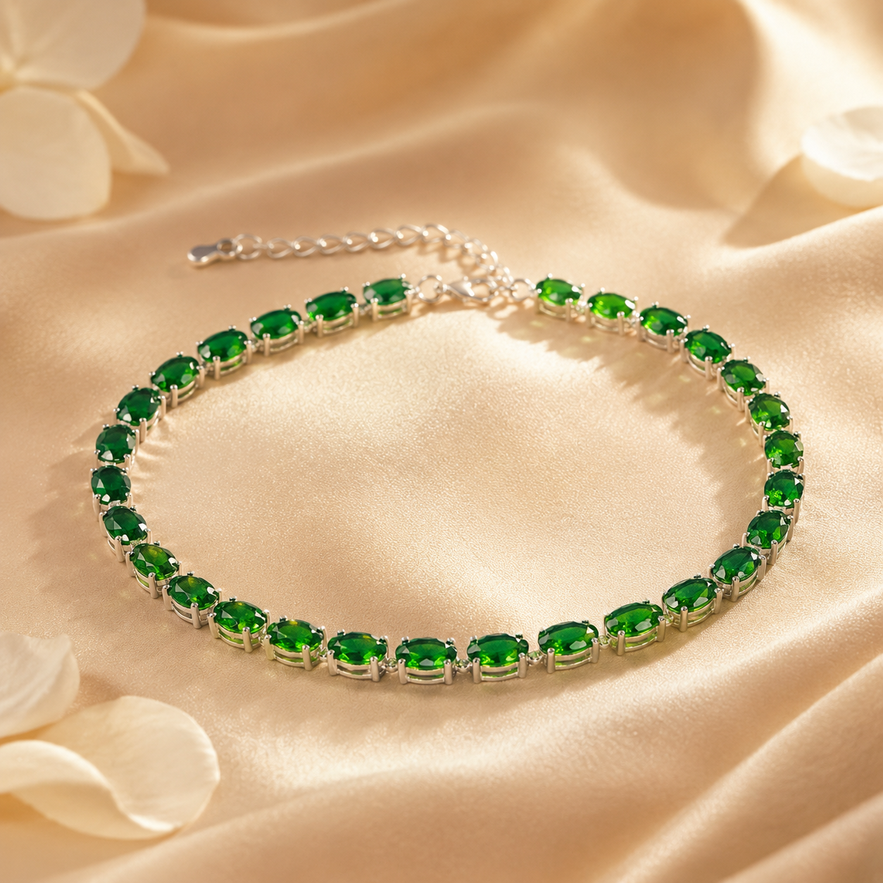 Natural Diopside Tennis Bracelet in 925 Sterling Silver, 5×7mm Oval Gemstones