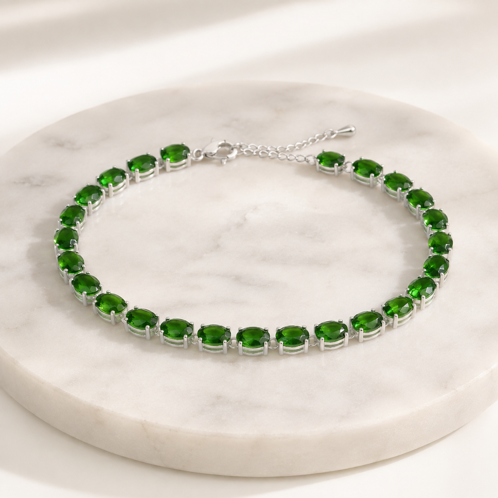 Natural Diopside Tennis Bracelet in 925 Sterling Silver, 5×7mm Oval Gemstones