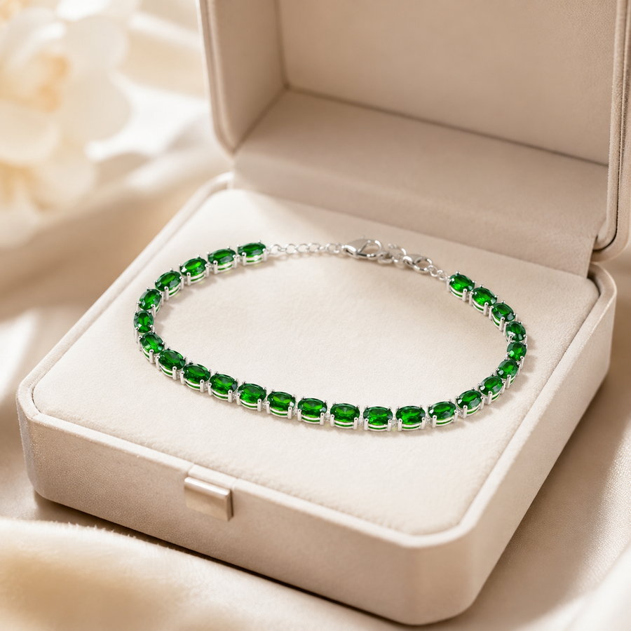 Natural Diopside Tennis Bracelet in 925 Sterling Silver, 5×7mm Oval Gemstones
