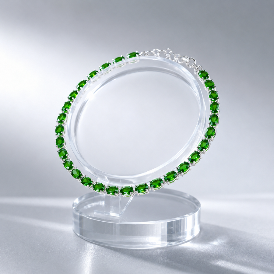Natural Diopside Tennis Bracelet in 925 Sterling Silver, 5×7mm Oval Gemstones