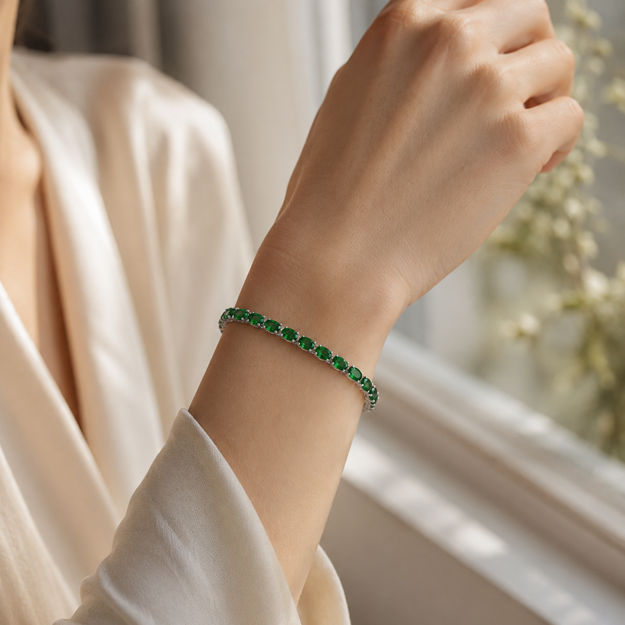 Natural Diopside Tennis Bracelet in 925 Sterling Silver, 5×7mm Oval Gemstones
