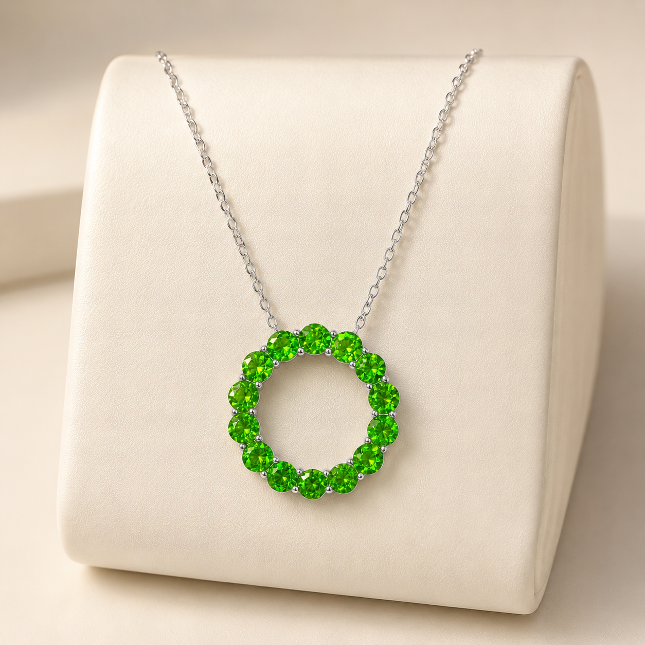 Natural Diopside Circle Pendant Necklace in 925 Sterling Silver, 3mm Gemstones