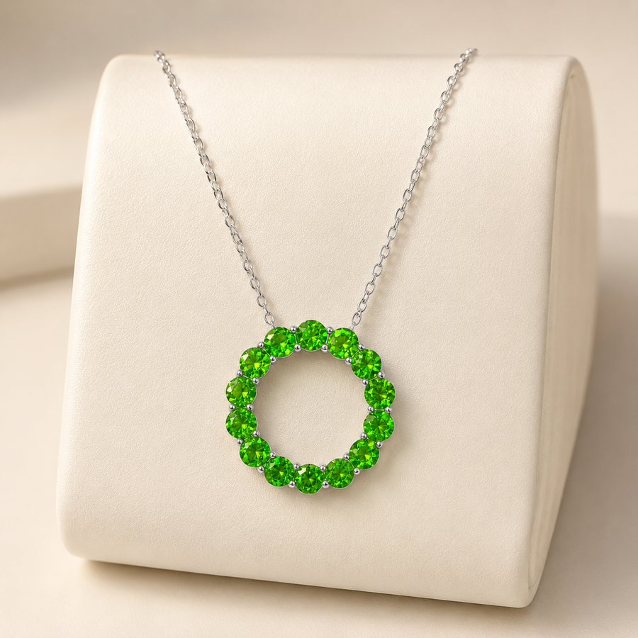 Natural Diopside Circle Pendant Necklace in 925 Sterling Silver, 3mm Gemstones