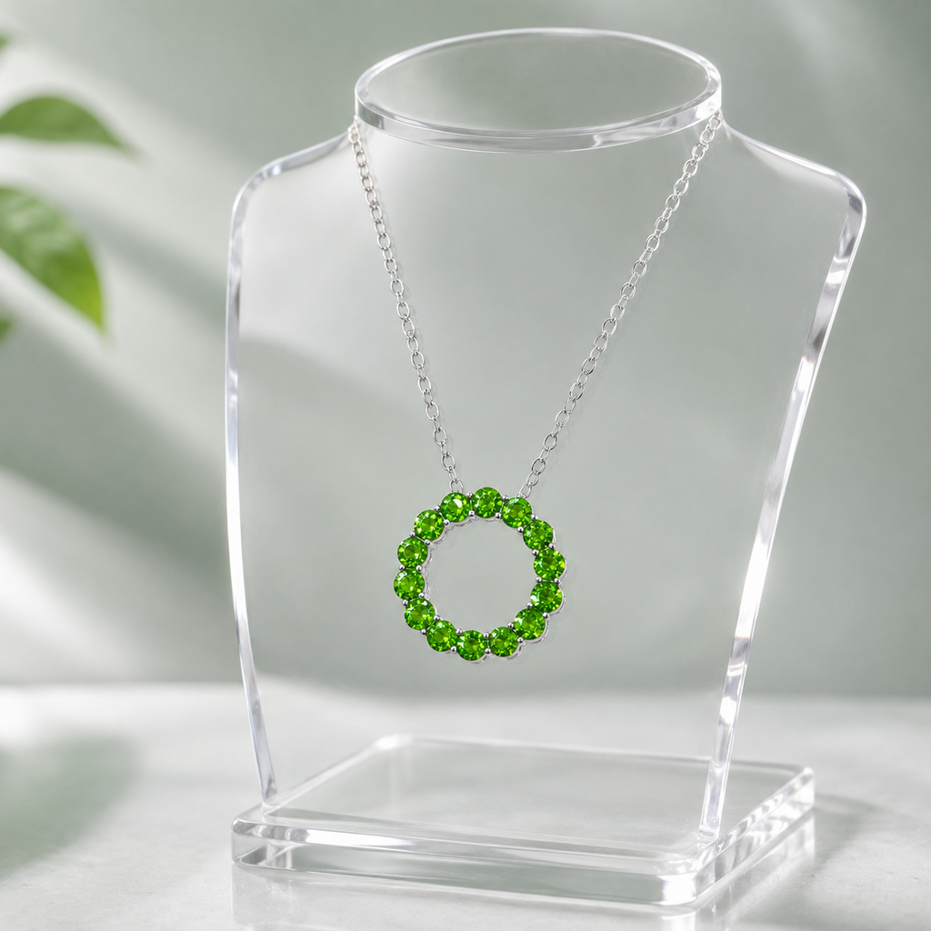 Natural Diopside Circle Pendant Necklace in 925 Sterling Silver, 3mm Gemstones