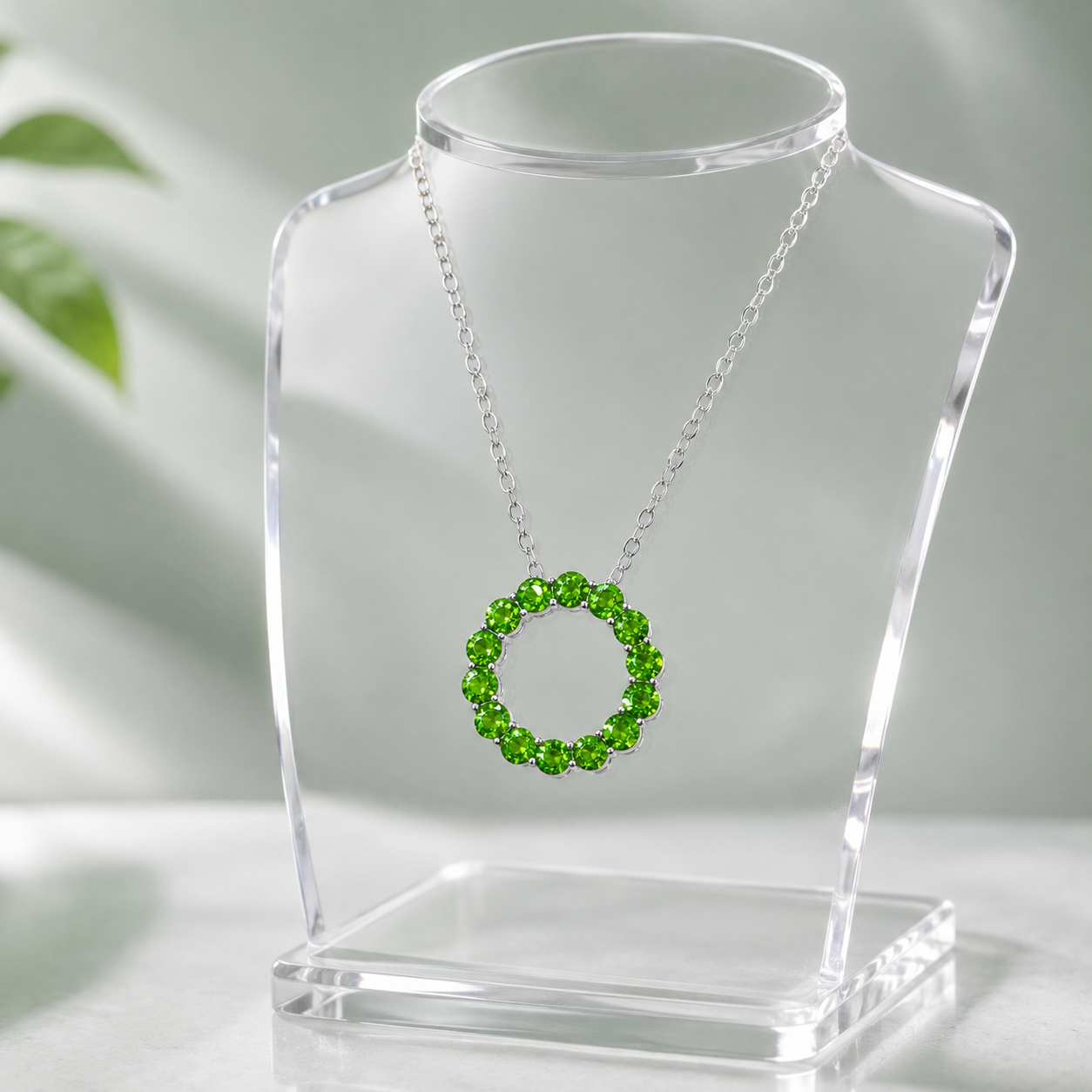 Natural Diopside Circle Pendant Necklace in 925 Sterling Silver, 3mm Gemstones