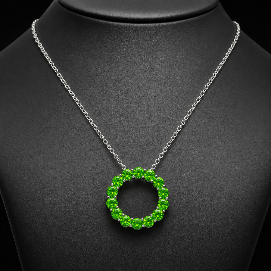 Natural Diopside Circle Pendant Necklace in 925 Sterling Silver, 3mm Gemstones