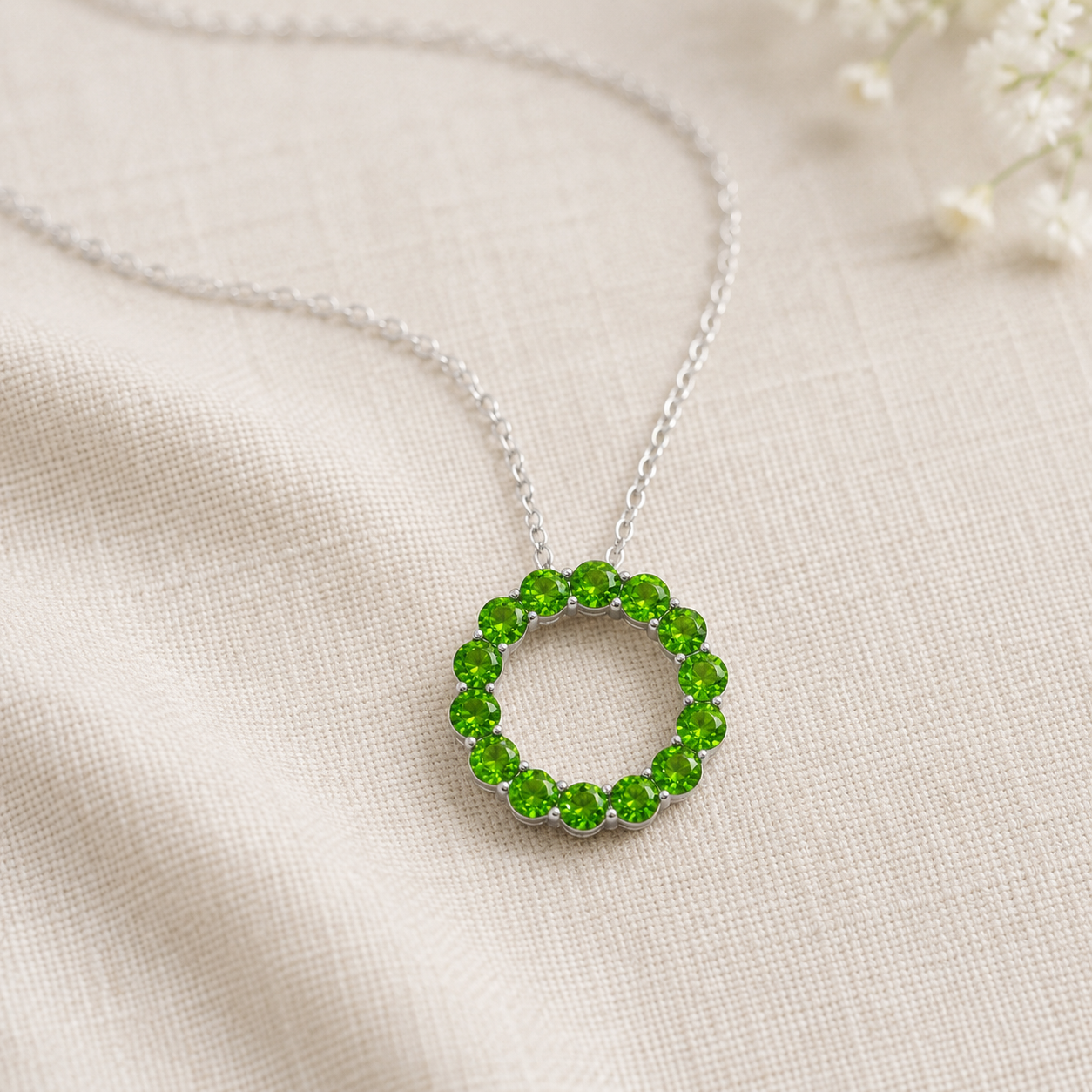 Natural Diopside Circle Pendant Necklace in 925 Sterling Silver, 3mm Gemstones