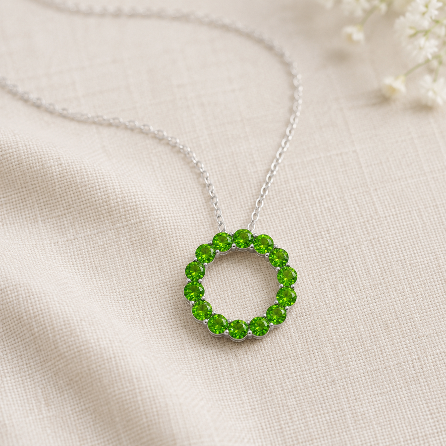 Natural Diopside Circle Pendant Necklace in 925 Sterling Silver, 3mm Gemstones