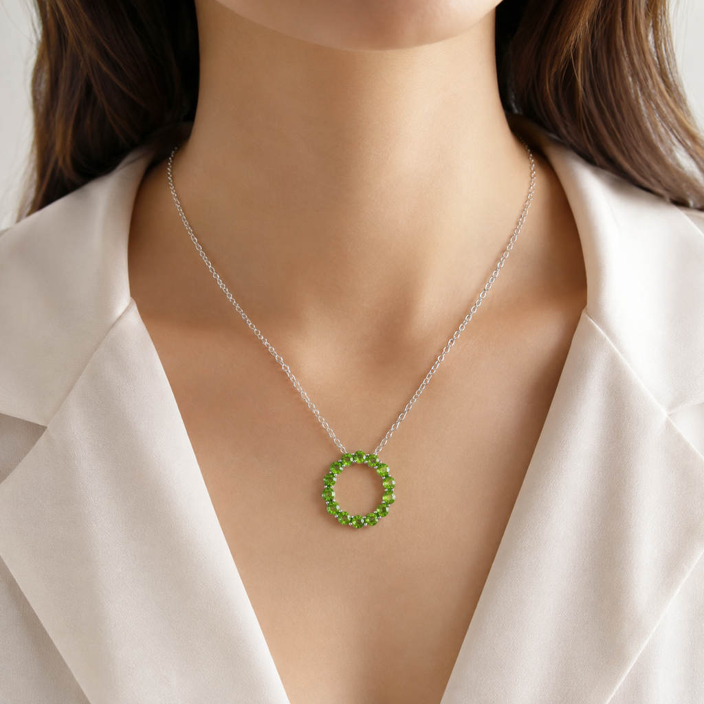 Natural Diopside Circle Pendant Necklace in 925 Sterling Silver, 3mm Gemstones