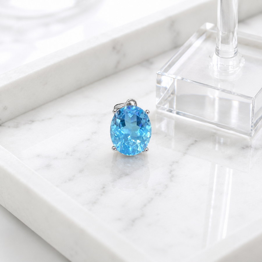 Natural Blue Topaz Pendant in 925 Sterling Silver, 10×12mm Oval Gemstone