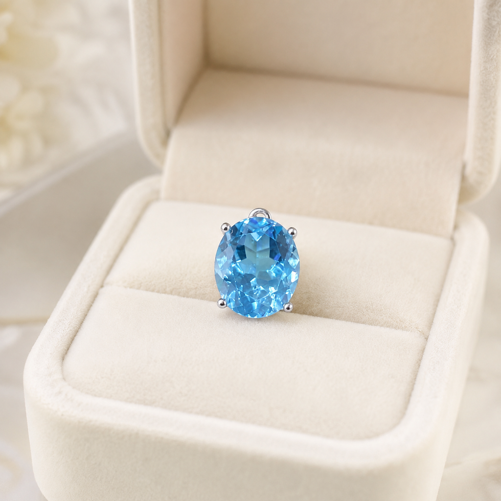 Natural Blue Topaz Pendant in 925 Sterling Silver, 10×12mm Oval Gemstone
