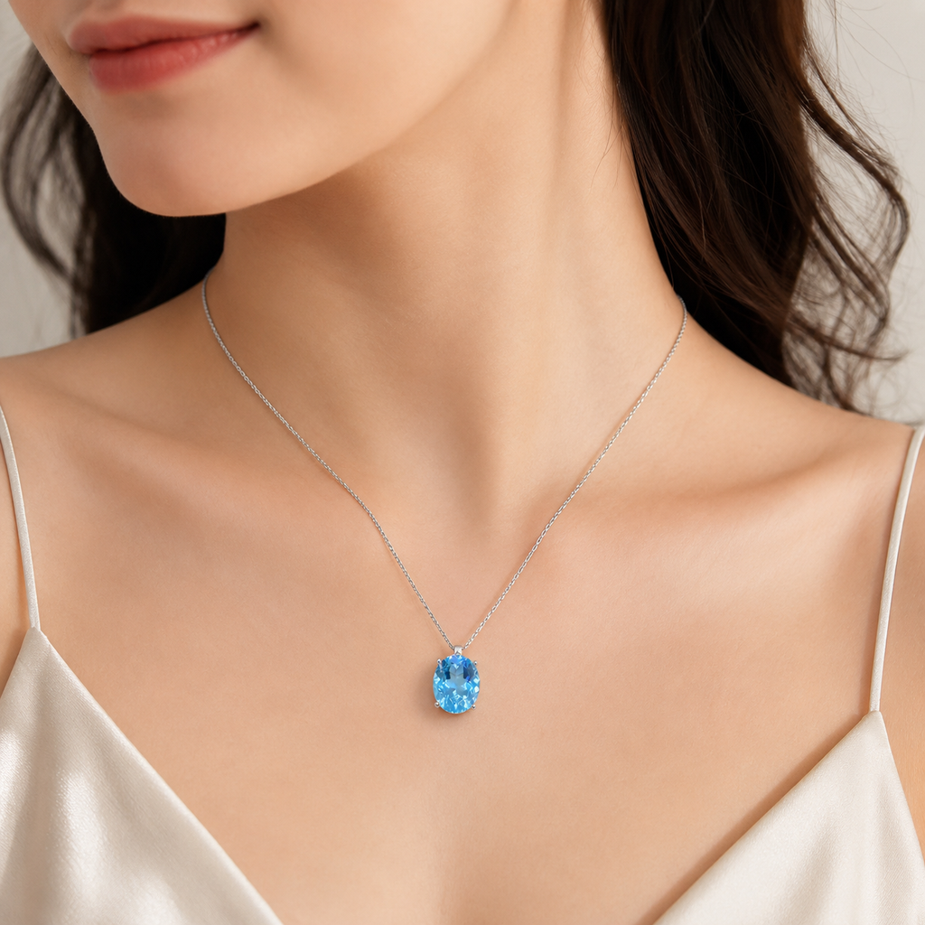 Natural Blue Topaz Pendant in 925 Sterling Silver, 10×12mm Oval Gemstone