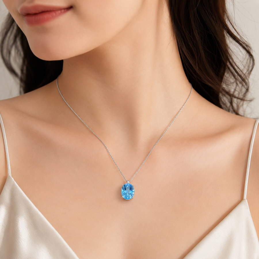 Natural Blue Topaz Pendant in 925 Sterling Silver, 10×12mm Oval Gemstone