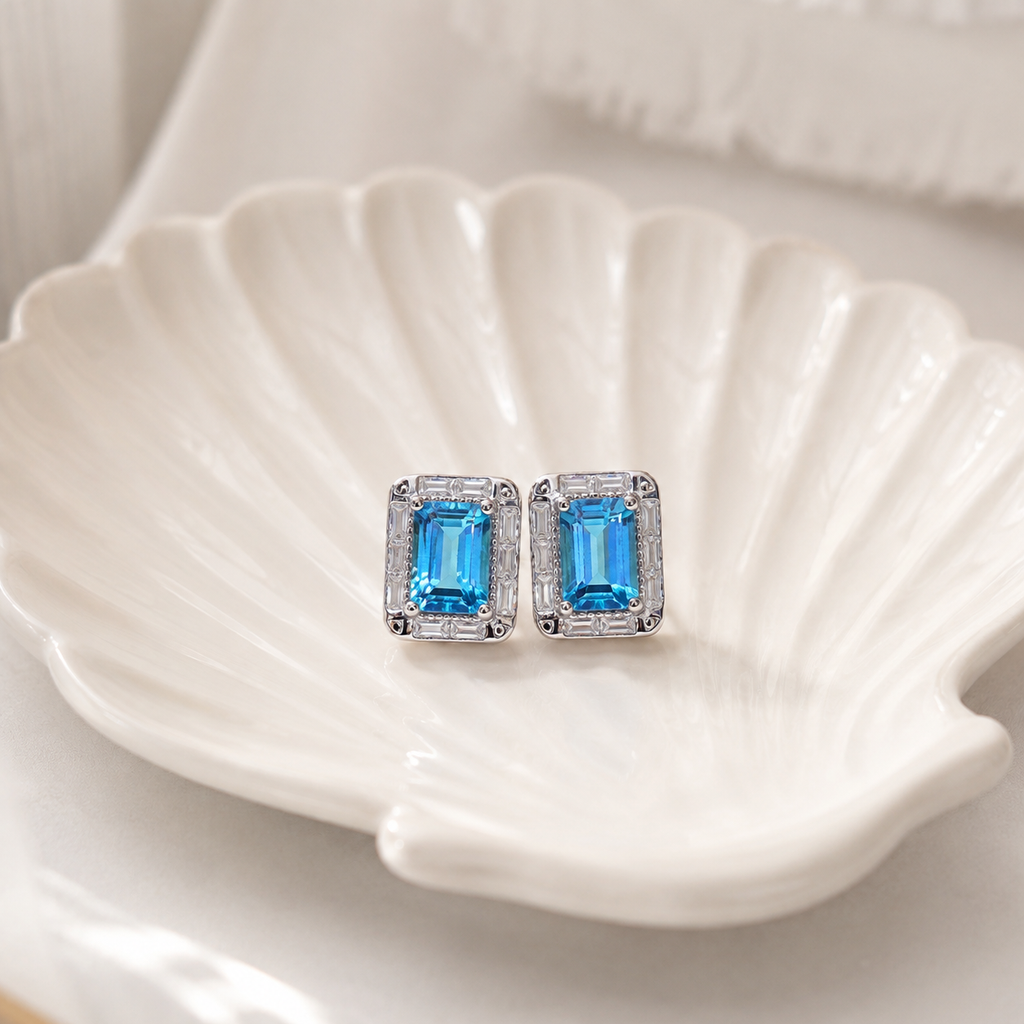 Natural Blue Topaz Halo Stud Earrings in 925 Sterling Silver, 4×6mm Gemstones