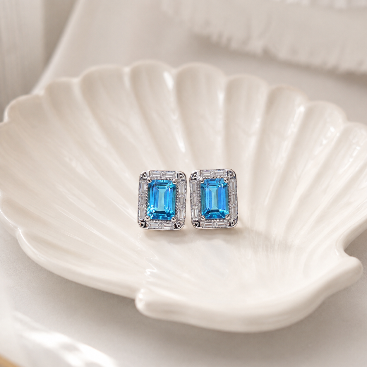 Natural Blue Topaz Halo Stud Earrings in 925 Sterling Silver, 4×6mm Gemstones