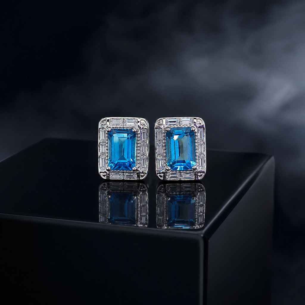 Natural Blue Topaz Halo Stud Earrings in 925 Sterling Silver, 4×6mm Gemstones
