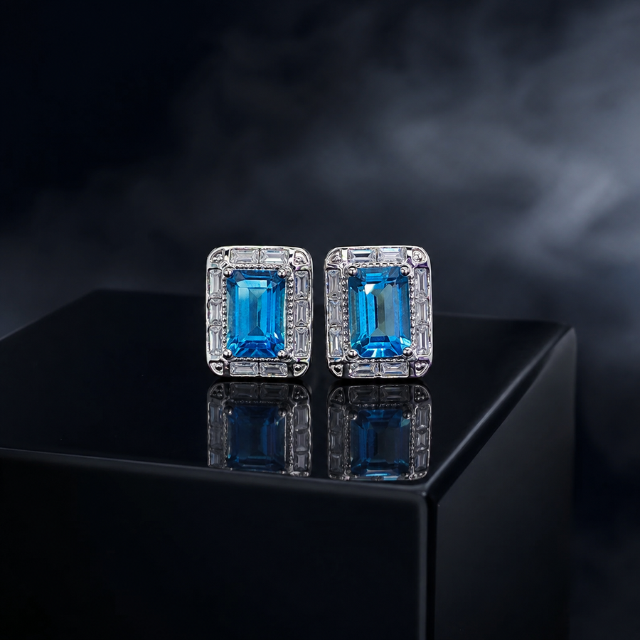 Natural Blue Topaz Halo Stud Earrings in 925 Sterling Silver, 4×6mm Gemstones