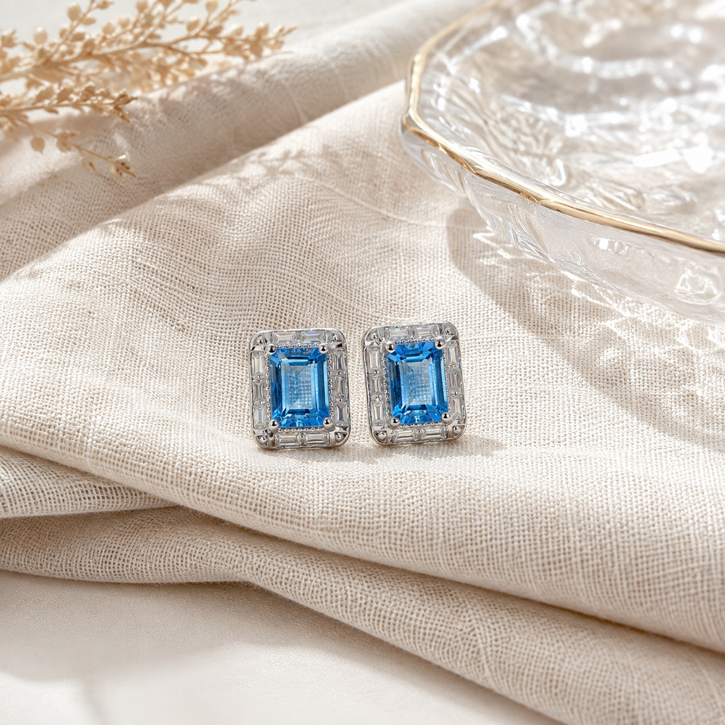 Natural Blue Topaz Halo Stud Earrings in 925 Sterling Silver, 4×6mm Gemstones