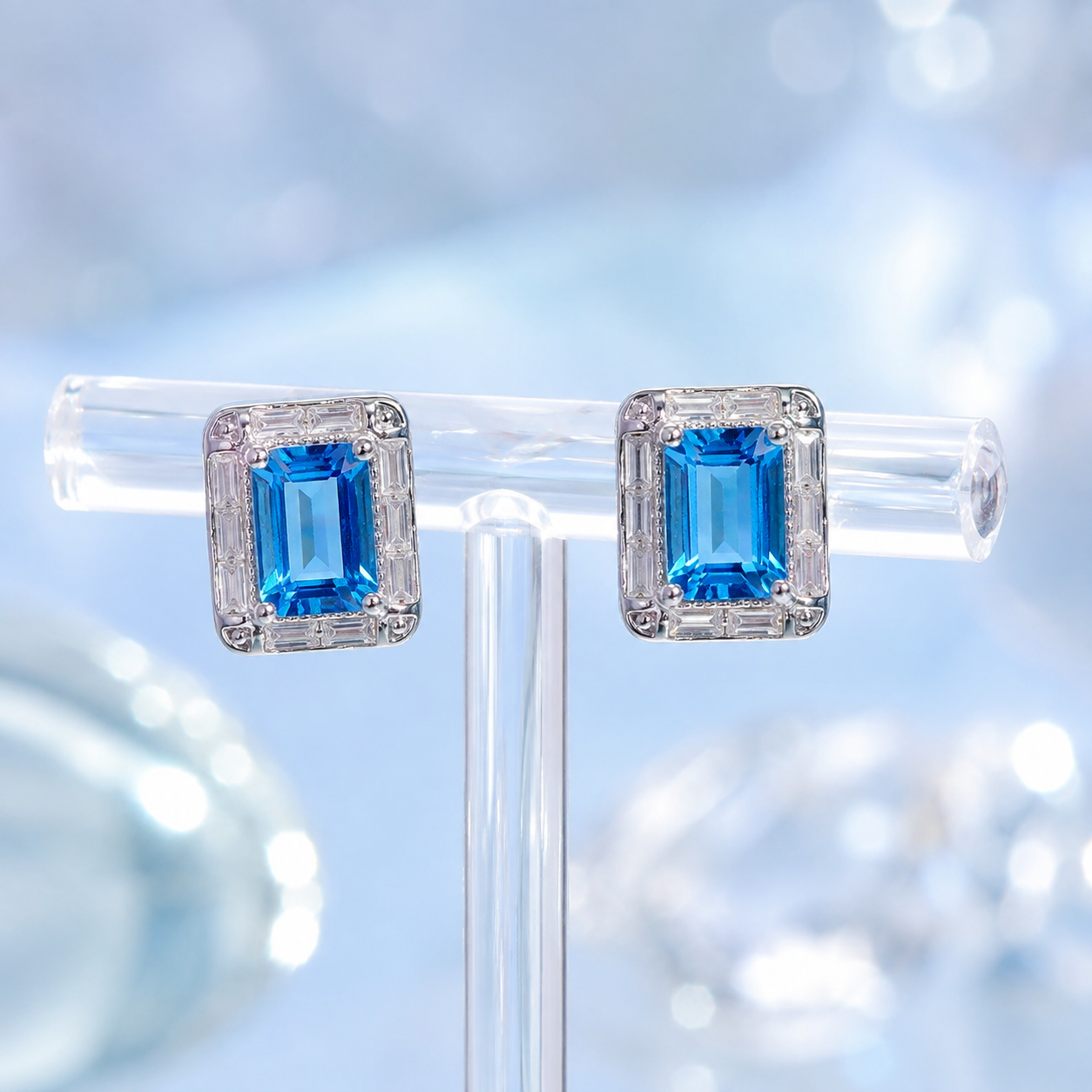 Natural Blue Topaz Halo Stud Earrings in 925 Sterling Silver, 4×6mm Gemstones
