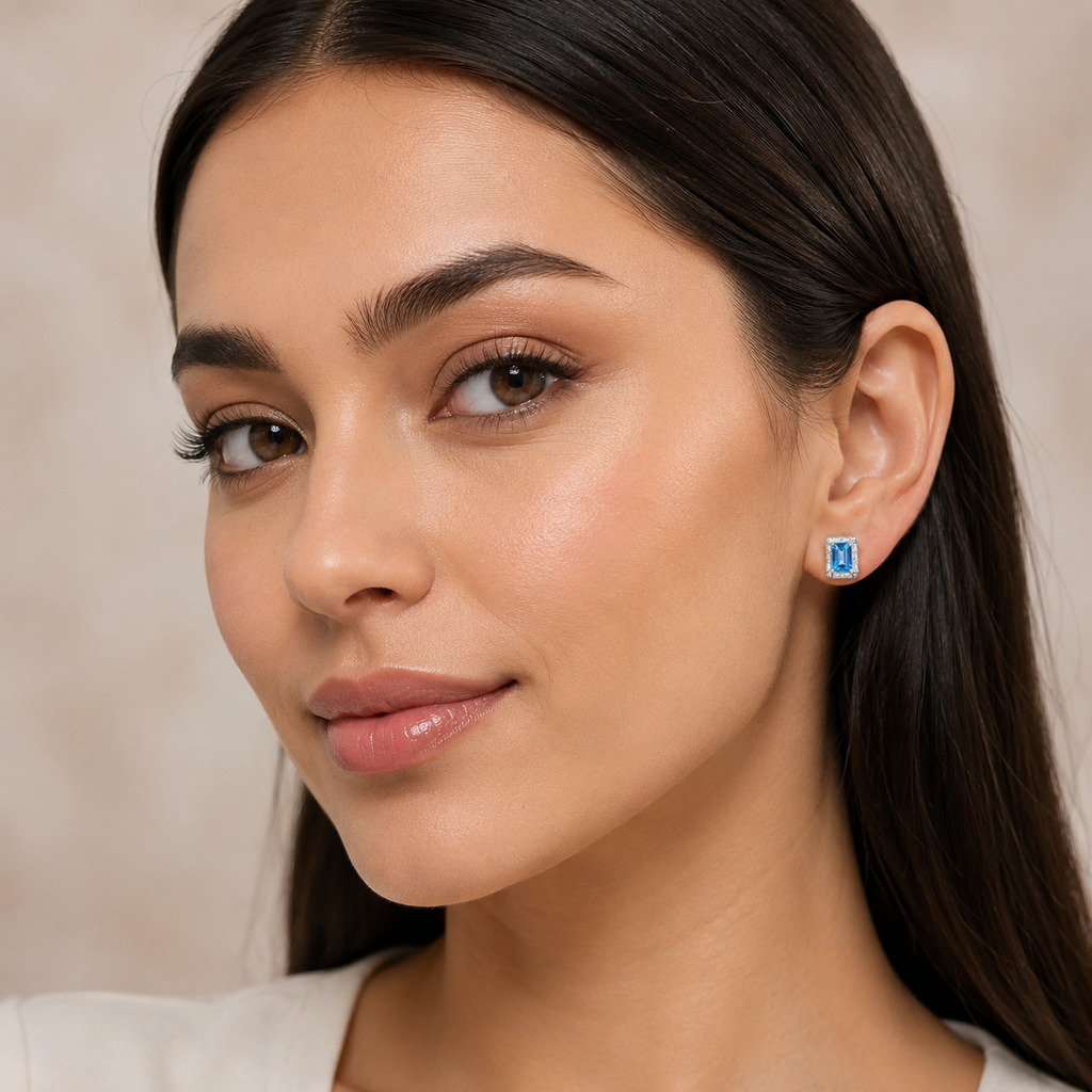 Natural Blue Topaz Halo Stud Earrings in 925 Sterling Silver, 4×6mm Gemstones