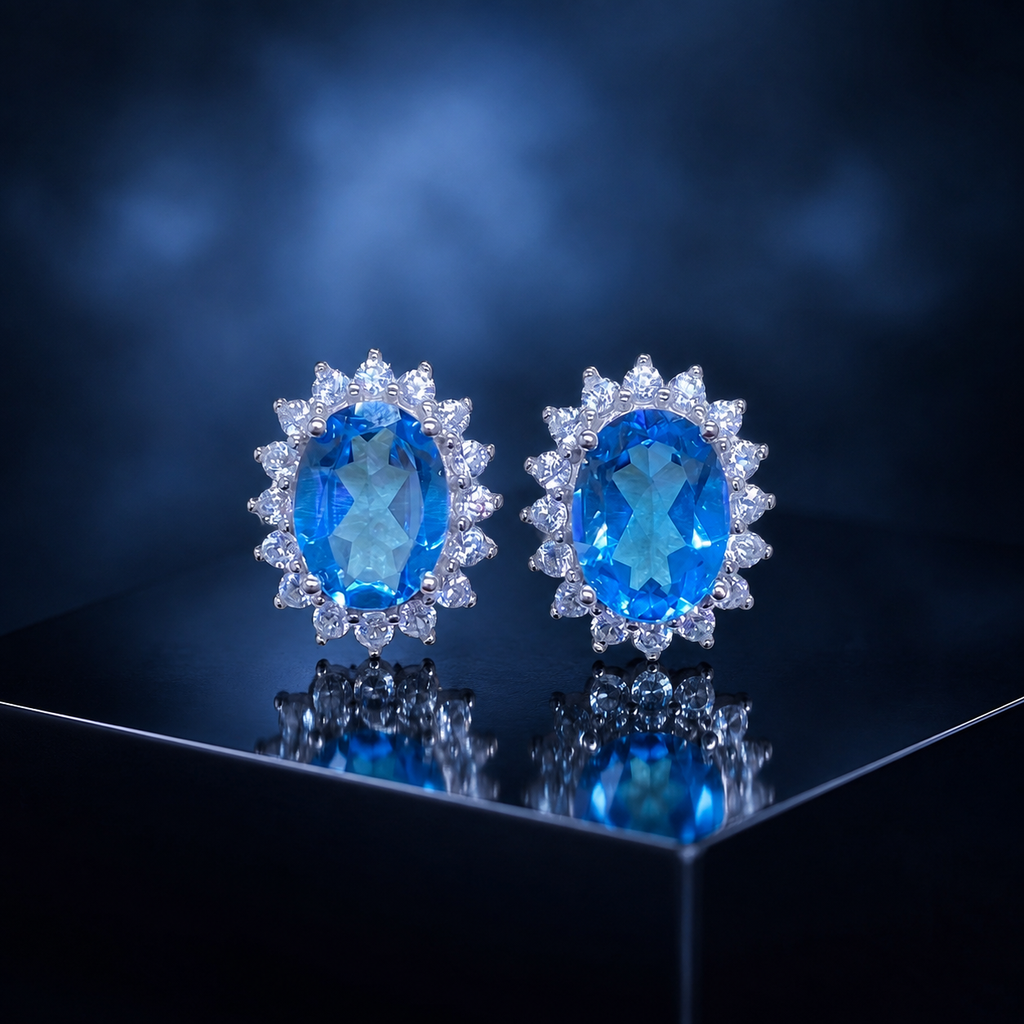 Natural Blue Topaz Halo Stud Earrings in 925 Sterling Silver, 6×8mm Oval Gemstones