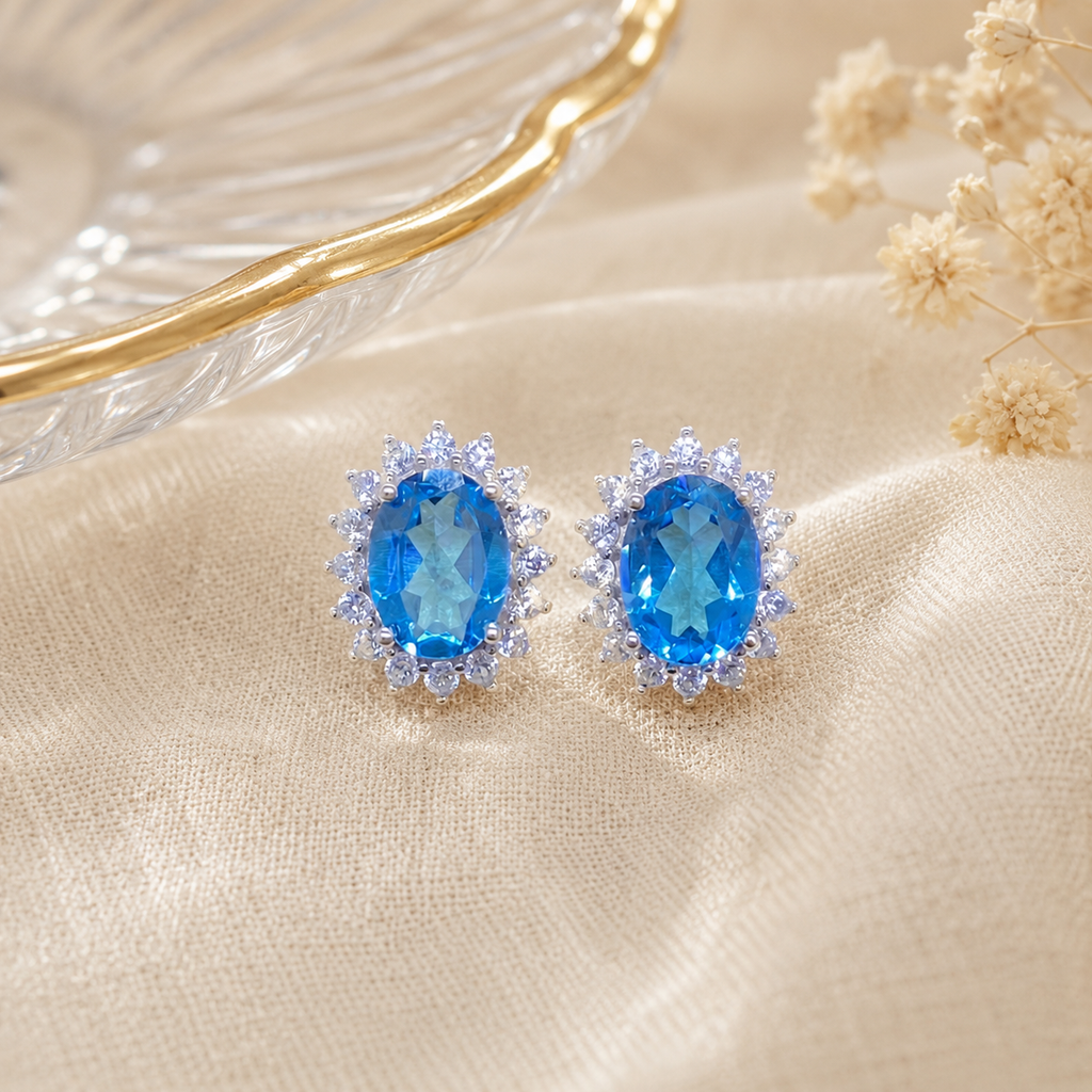 Natural Blue Topaz Halo Stud Earrings in 925 Sterling Silver, 6×8mm Oval Gemstones