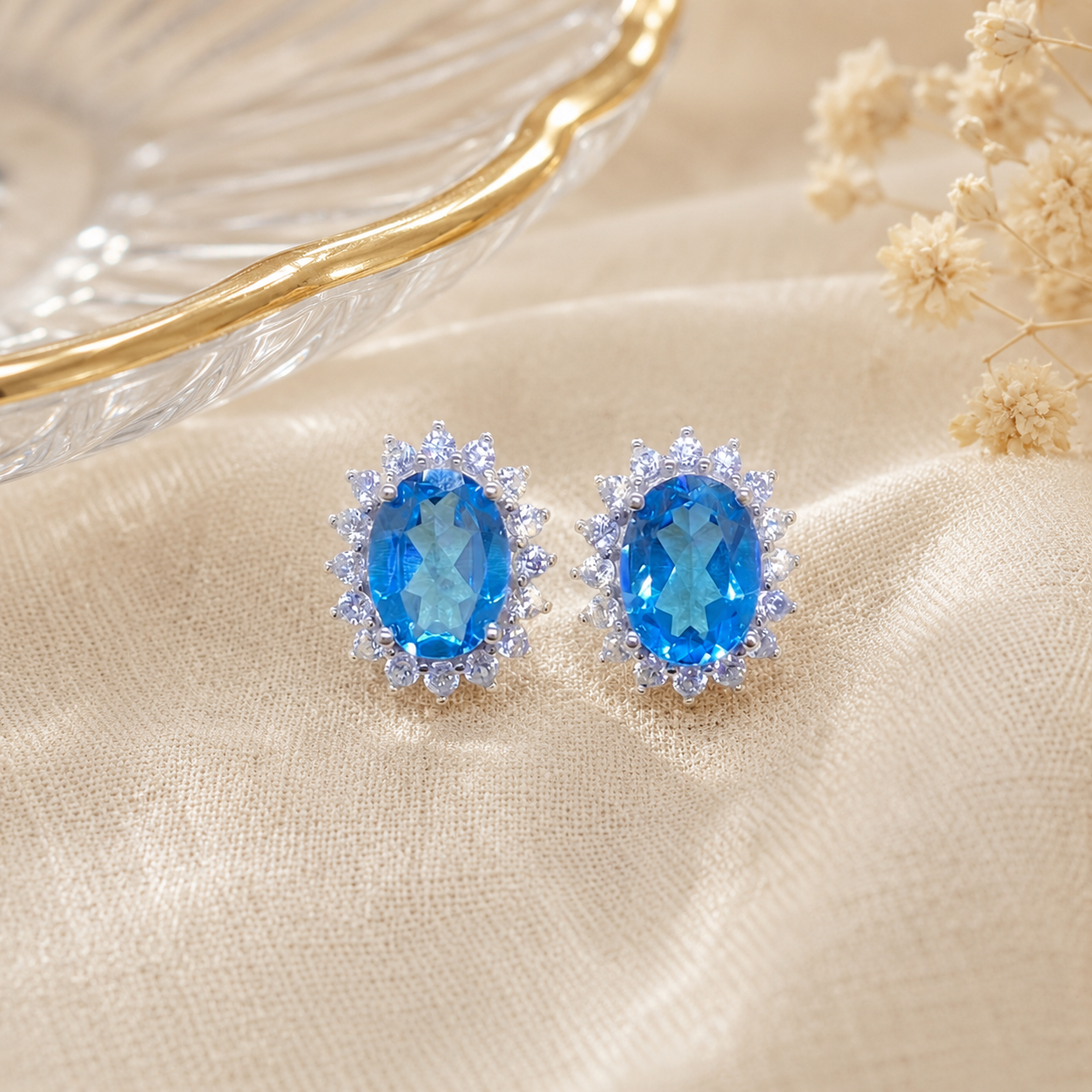 Natural Blue Topaz Halo Stud Earrings in 925 Sterling Silver, 6×8mm Oval Gemstones