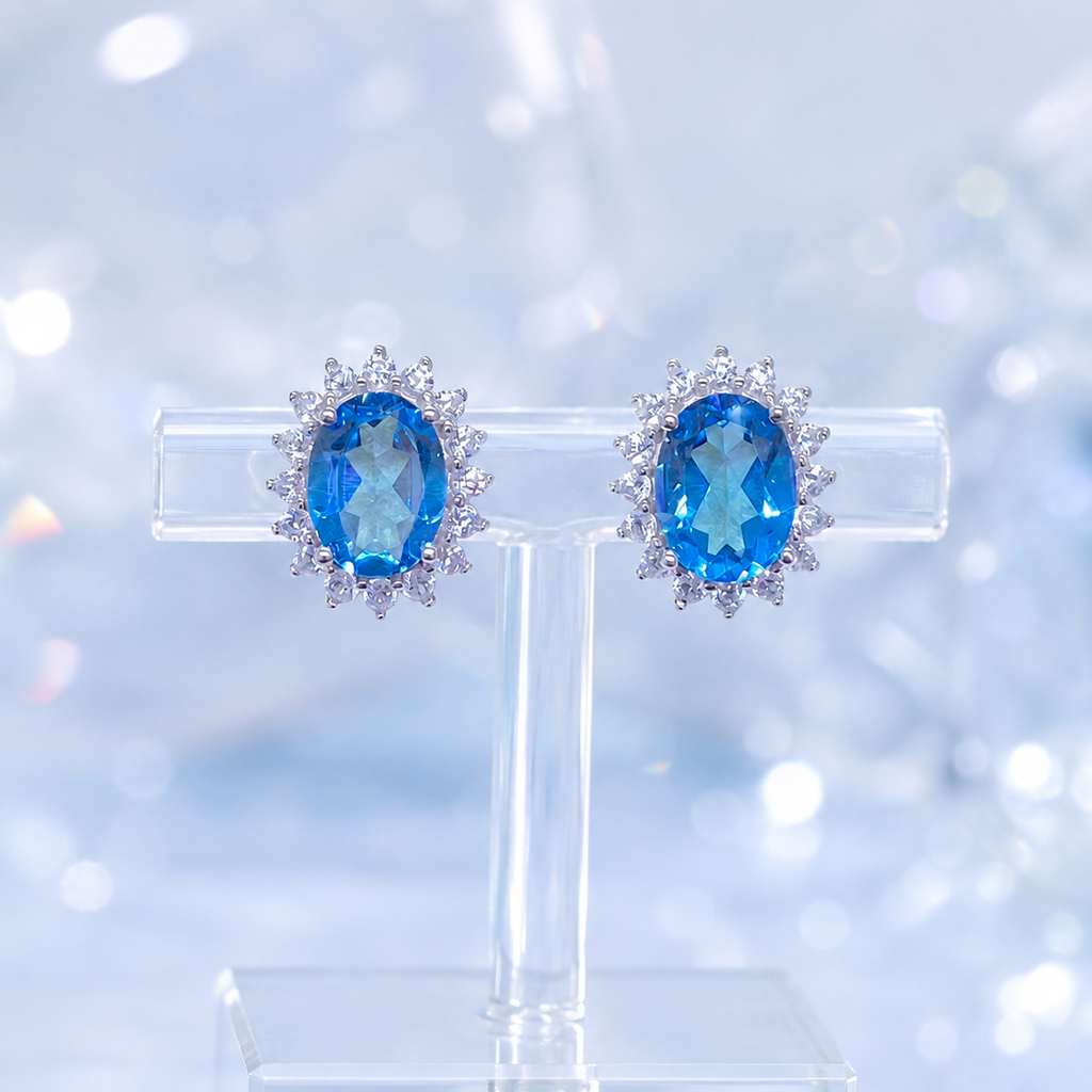 Natural Blue Topaz Halo Stud Earrings in 925 Sterling Silver, 6×8mm Oval Gemstones