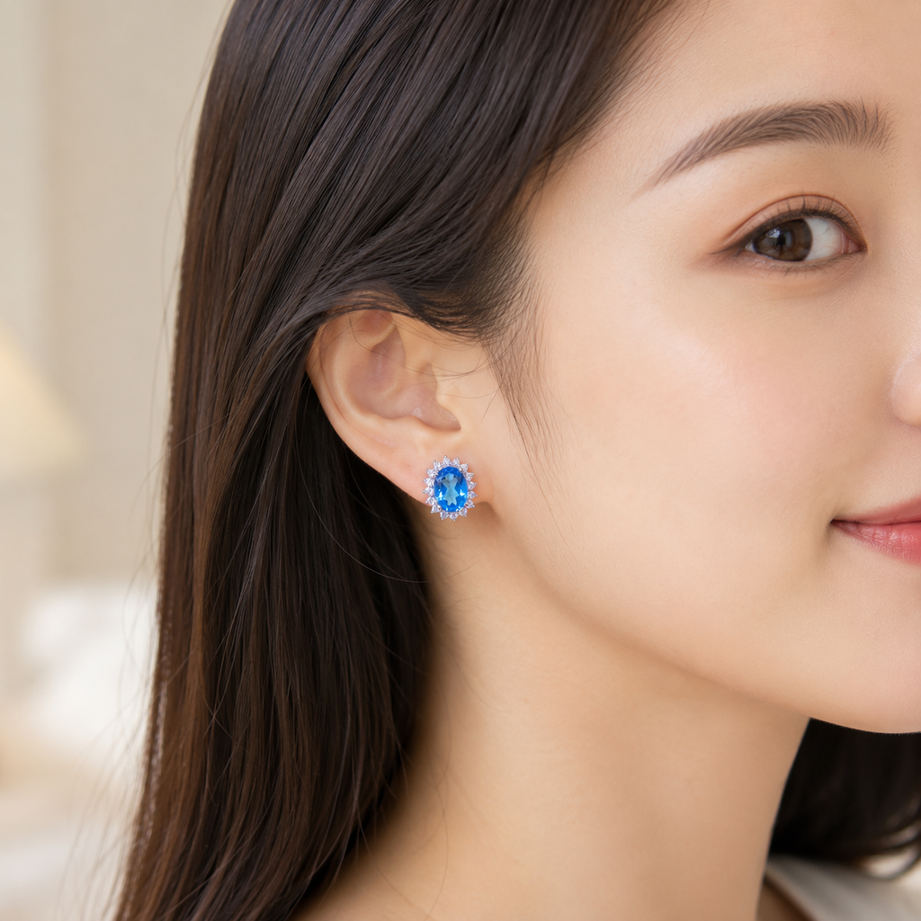 Natural Blue Topaz Halo Stud Earrings in 925 Sterling Silver, 6×8mm Oval Gemstones