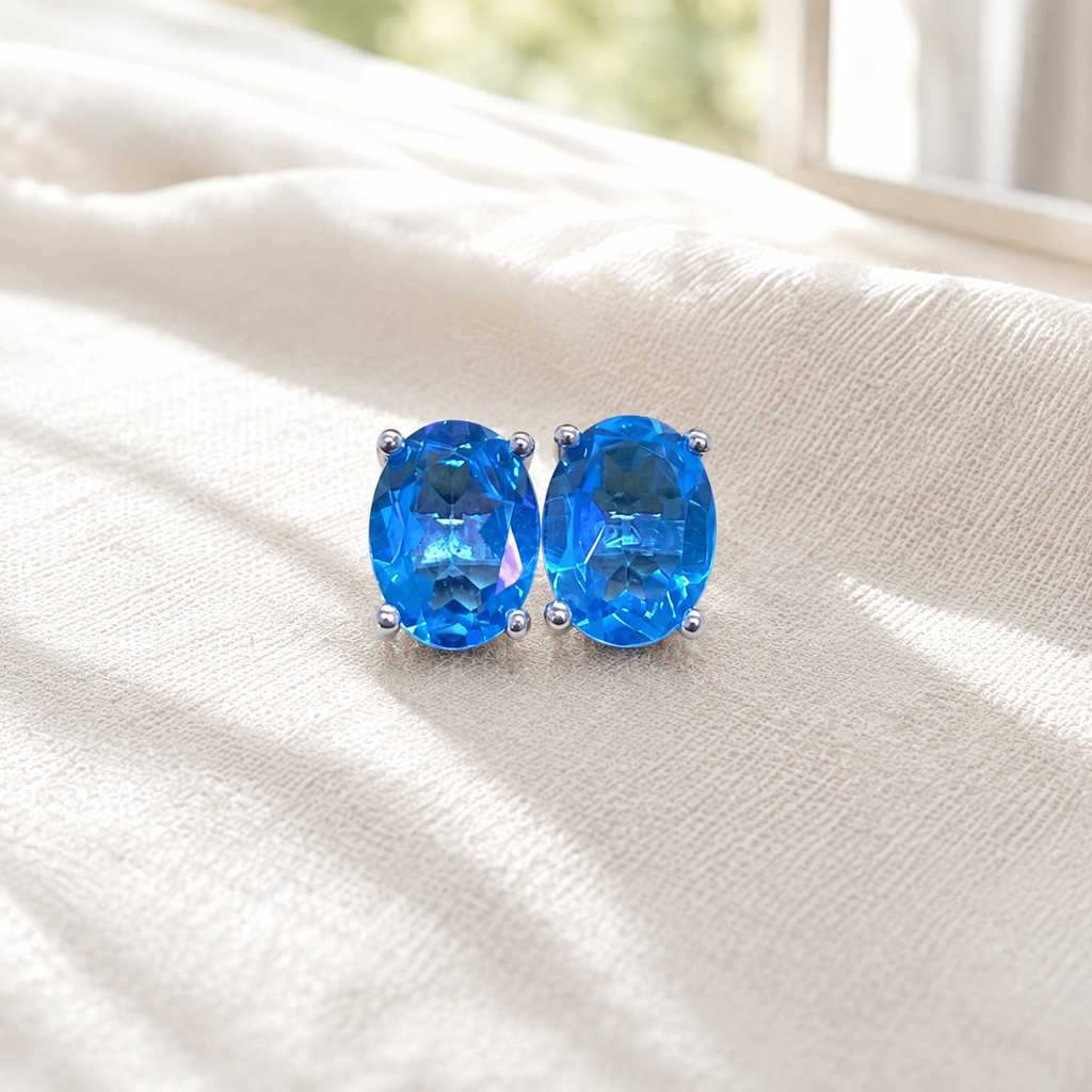 Natural Blue Topaz Stud Earrings in 925 Sterling Silver, 6×8mm Oval Gemstones
