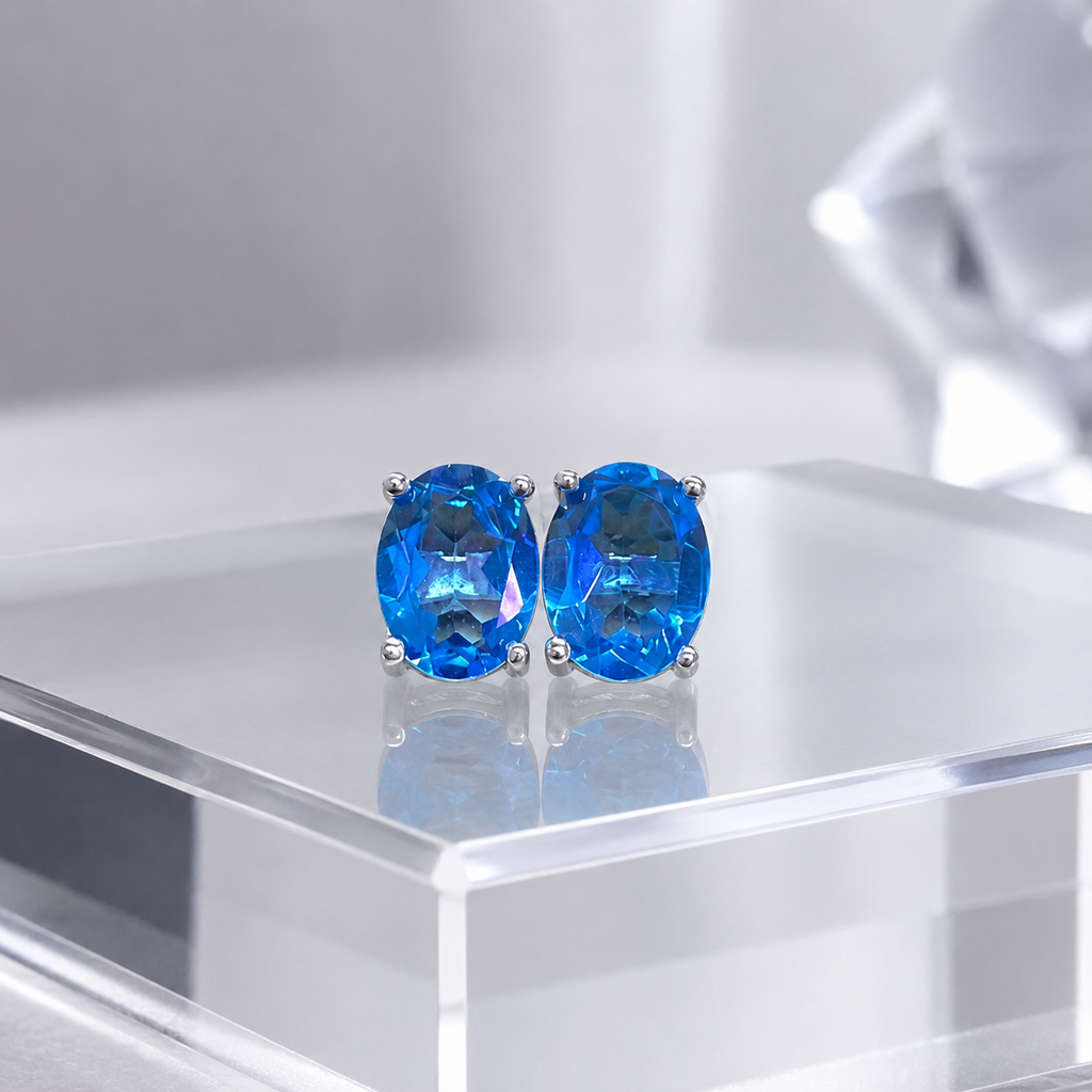 Natural Blue Topaz Stud Earrings in 925 Sterling Silver, 6×8mm Oval Gemstones