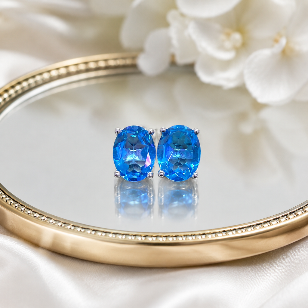 Natural Blue Topaz Stud Earrings in 925 Sterling Silver, 6×8mm Oval Gemstones