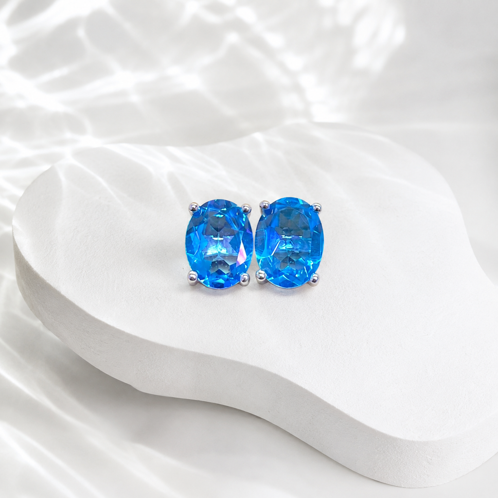 Natural Blue Topaz Stud Earrings in 925 Sterling Silver, 6×8mm Oval Gemstones