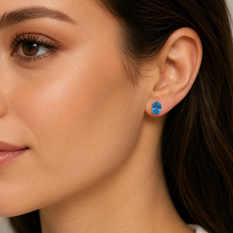 Natural Blue Topaz Stud Earrings in 925 Sterling Silver, 6×8mm Oval Gemstones