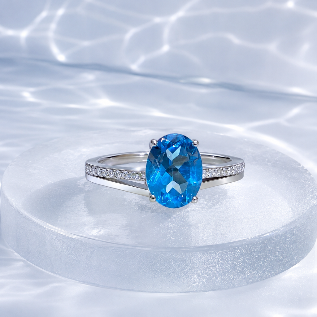 Natural Blue Topaz Ring in 925 Sterling Silver, 6×8mm Oval Gemstone