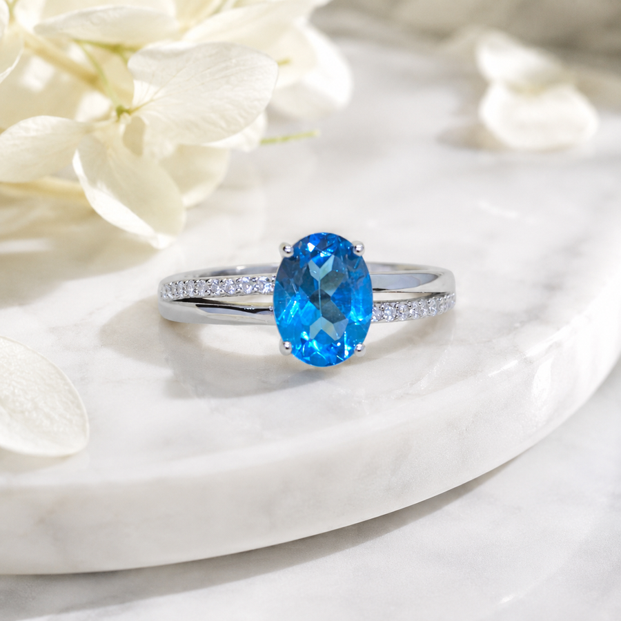 Natural Blue Topaz Ring in 925 Sterling Silver, 6×8mm Oval Gemstone