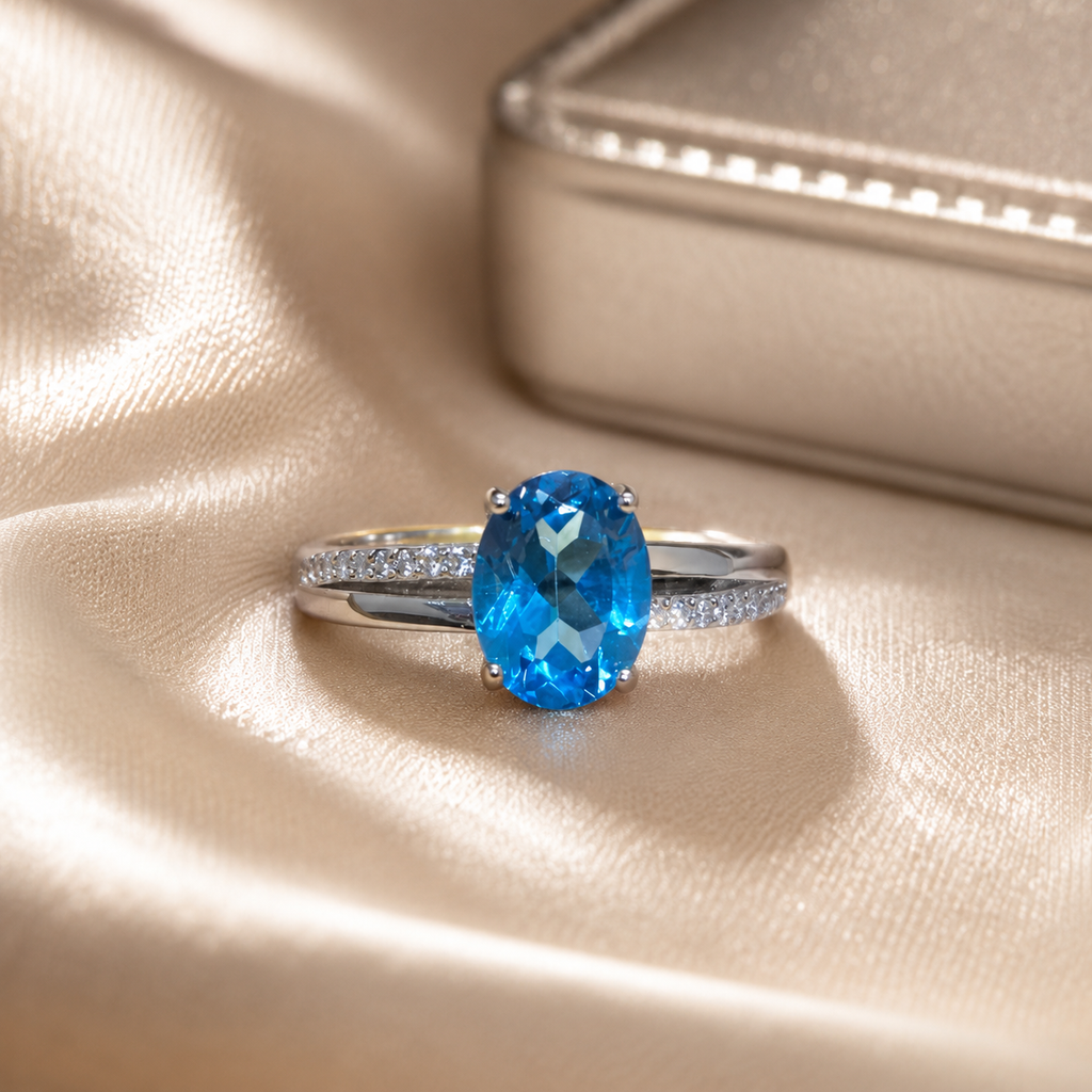 Natural Blue Topaz Ring in 925 Sterling Silver, 6×8mm Oval Gemstone