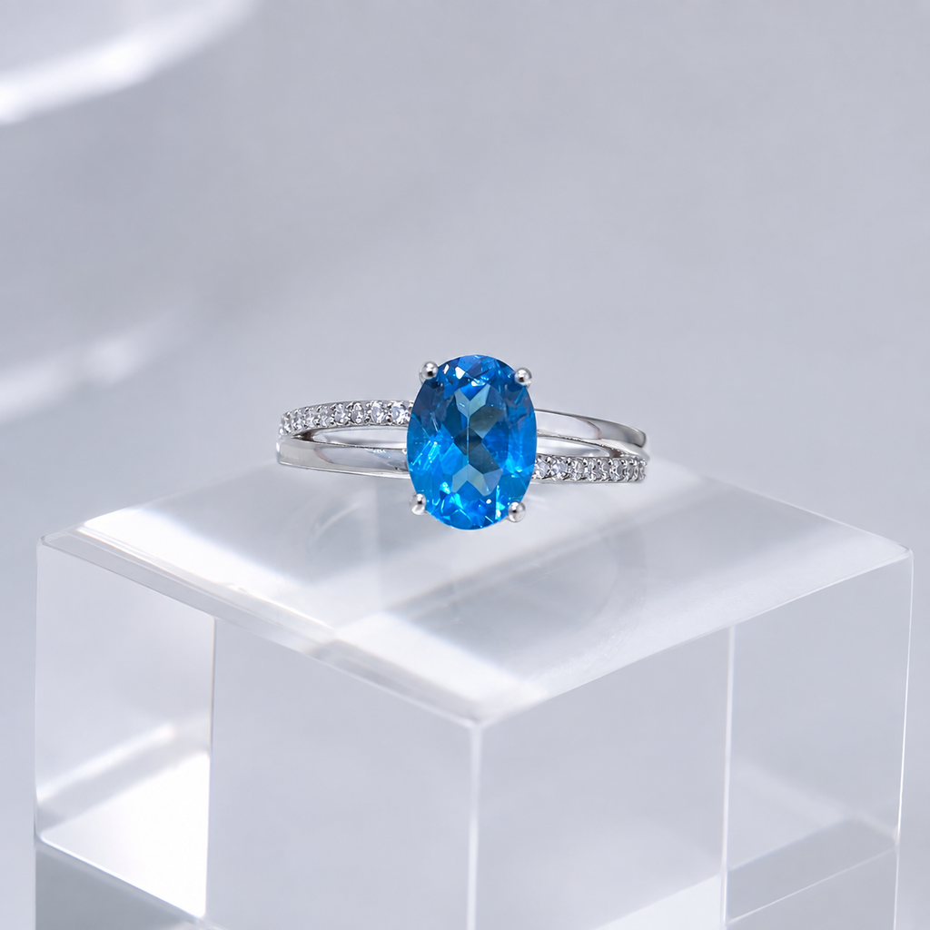 Natural Blue Topaz Ring in 925 Sterling Silver, 6×8mm Oval Gemstone