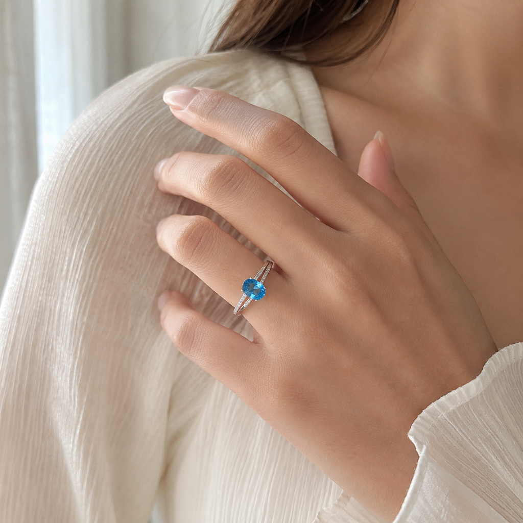 Natural Blue Topaz Ring in 925 Sterling Silver, 6×8mm Oval Gemstone