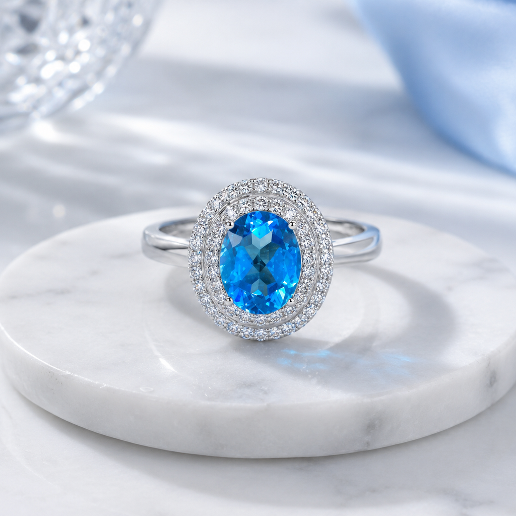 Natural Blue Topaz Double Halo Ring in 925 Sterling Silver, 6×8mm Oval Gemstone