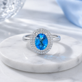 Natural Blue Topaz Double Halo Ring in 925 Sterling Silver, 6×8mm Oval Gemstone