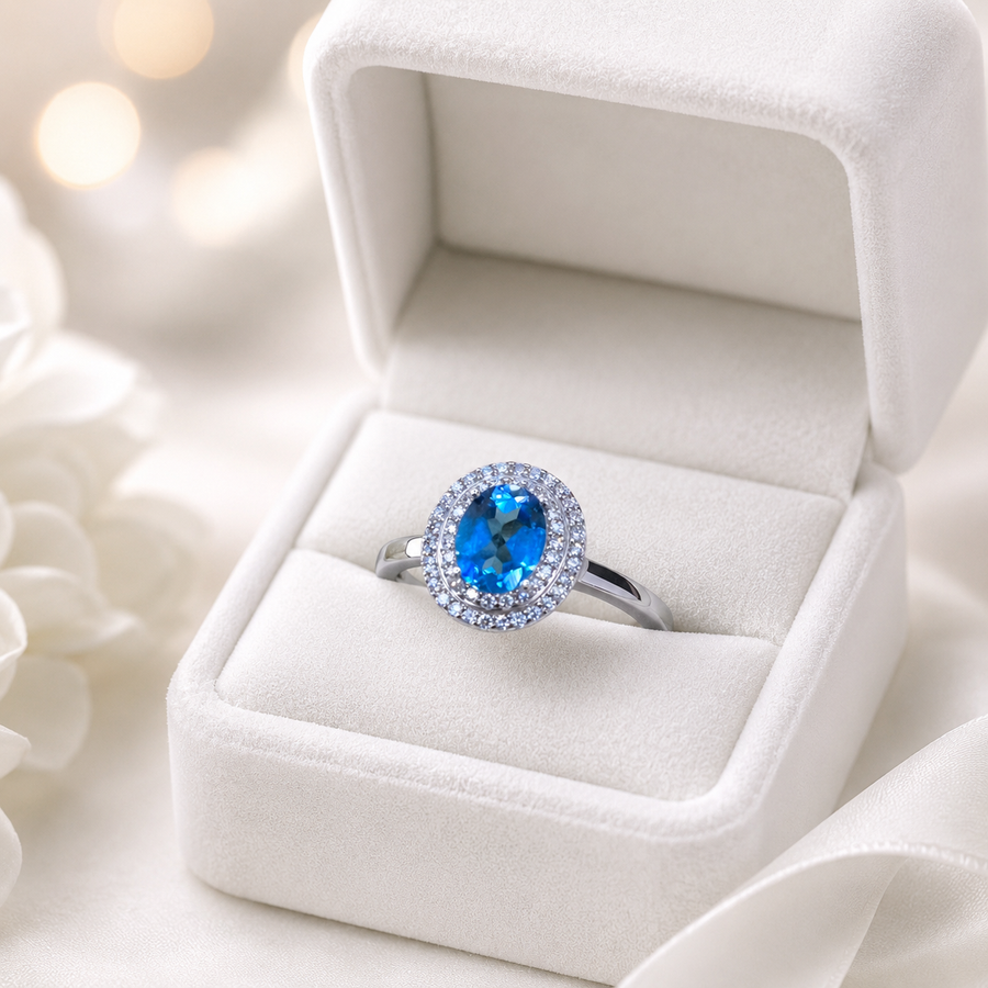 Natural Blue Topaz Double Halo Ring in 925 Sterling Silver, 6×8mm Oval Gemstone