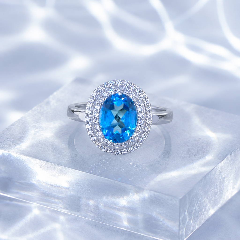 Natural Blue Topaz Double Halo Ring in 925 Sterling Silver, 6×8mm Oval Gemstone