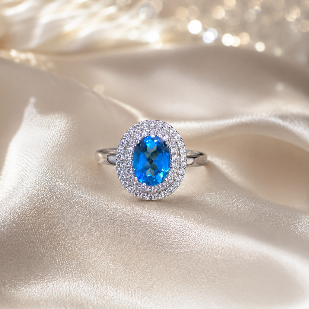 Natural Blue Topaz Double Halo Ring in 925 Sterling Silver, 6×8mm Oval Gemstone